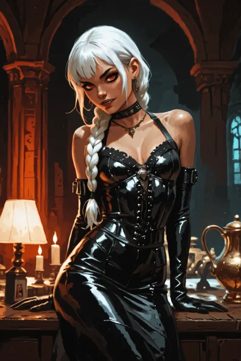 Drawn like the artist Bob Kehl. Goth girl. Albino skin. White skin. Rebecca from Cyberpunk Edgerunners with white and dark hair, deep red-coloured eyes, slanted Asian eyes, black eyeliner, with sharp teeth, athletic body and abs. Slender and athletic. Cute...