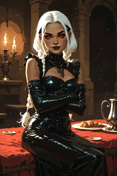 Drawn like the artist Bob Kehl. Goth girl. Albino skin. White skin. Rebecca from Cyberpunk Edgerunners with white and dark hair, deep red-coloured eyes, slanted Asian eyes, black eyeliner, with sharp teeth, athletic body and abs. Slender and athletic. Cute...