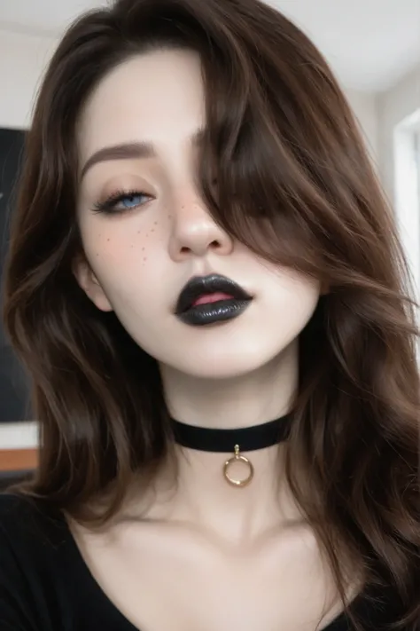 1girl, brown hair, lip gloss, sexy lips, big lips, half closed eyes, freckles, blue eyes, looking at viewer, big lips, detailed lips, black lips, black lipstick, long hair, hair over one eye, hair over eye, black eyeliner, mascara, choker, breasts, indoors
