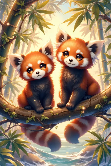 Red Red Pandas,In the bamboo forest,Fluffy Tails,Round ears, adorable expression,Morning Light, Dew dripping leaves, tree branch by the sea, fluffy coat, Curious eyes