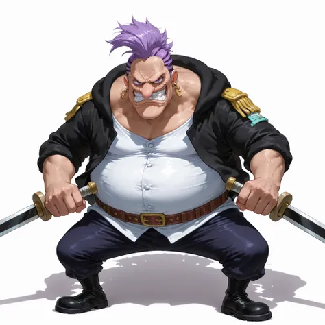 (male), (middle aged man), (mohawk hair, purple hair, Earring), (big eyes), (purple eyes), (big nose), (extremely fat body), (giant body), (short legs), (angry man), (angry face), (angry pose), (solo), (single character), (full body version), (white backgr...