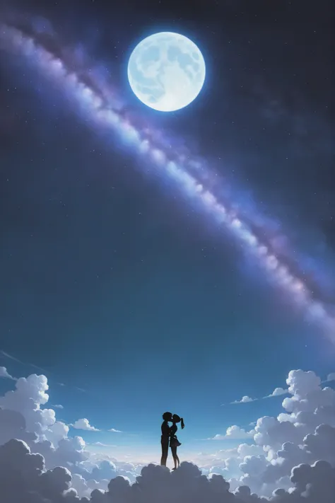 (very detailed:1.2, Masterpiece:1.2, PREMIUM QUALITY:1.2, high resolution on the coast:1.2), 1girl, 1boy, moon, full moon, under the moon, moonlight, cloud, on cloud, kiss, silhouette, kiss silhouette, wide shot, hug, starry sky, sky full of stars, many st...