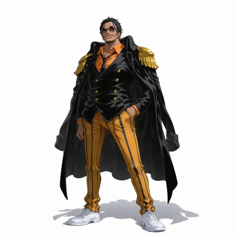 (male), (middle aged man), (tall body), (dark skin), (short black hair), (thin mustache and goatee), (sharp eyes behind square sunglasses), (serious face), (solo), (single character), (full body version), (white background), (no background), (highly detail...