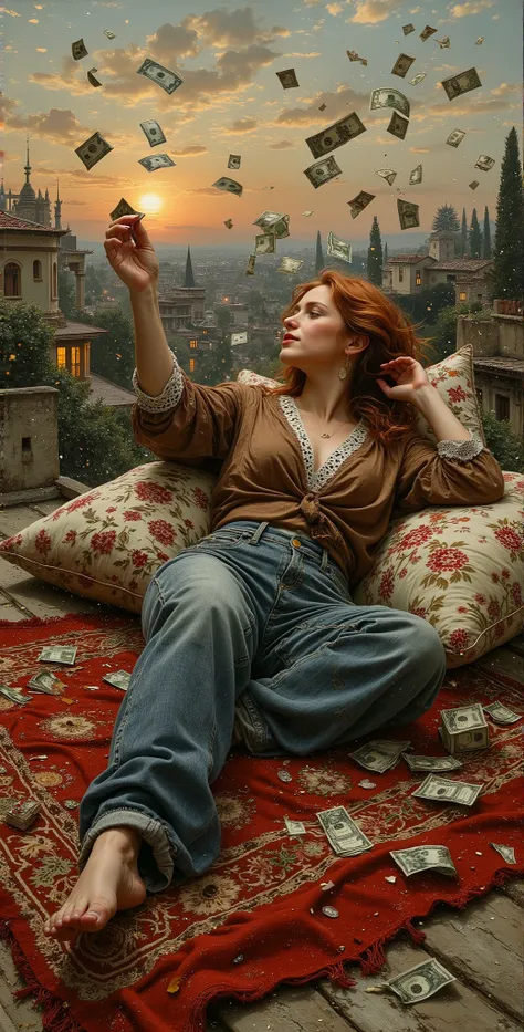 created a painting with oil painting with huge details , In the style of the artist Leonardo Davinci , In the era of the European renaissance , A fully detailed painting of an Arab woman lying on the roof of the house on an Arab carpet holding a collectio...