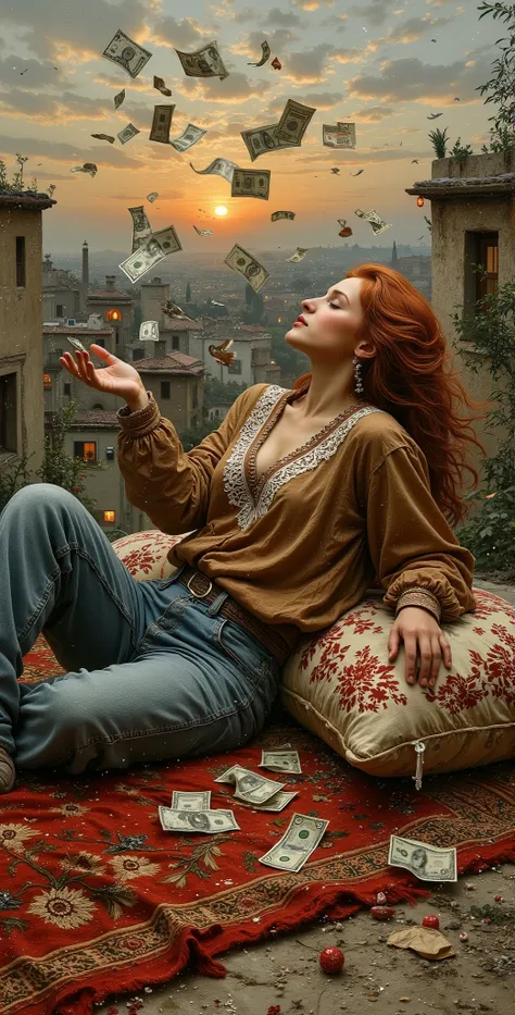 created a painting with oil painting with huge details , In the style of the artist Leonardo Davinci , In the era of the European renaissance , A fully detailed painting of an Arab woman lying on the roof of the house on an Arab carpet holding a collectio...