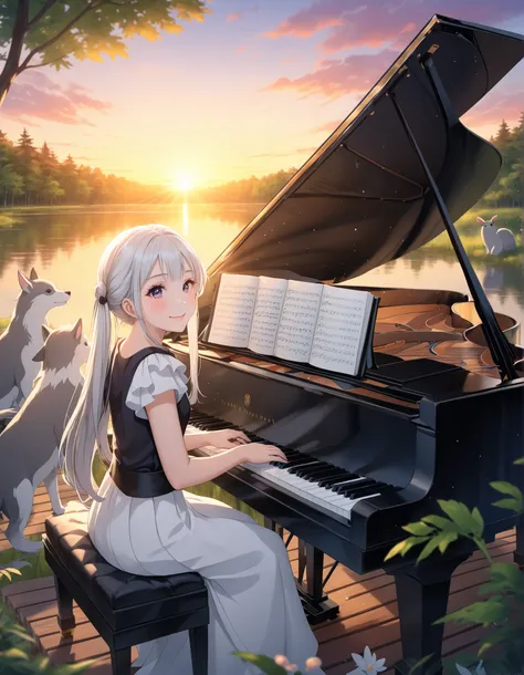 Long silver hair、beautiful girl with twin tails、Smile Yan、close-up、around the lake in the bright forest、playing the grand piano、Amidst the beautiful sunset、animals are gathering