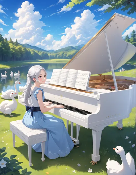 Long silver hair、beautiful girl with twin tails、Smile Yan、close-up、around the lake in the bright forest、playing the grand piano、White Clouds in the Blue Sky、Squirrels and rabbits、swans gather in the lake