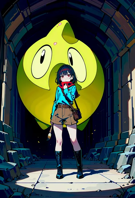 (masterpiece:1.3, 8k:1.3, Highest Quality:1.3, detail:1.3, high resolution:1.3, Digital Painting, Super Detailed),
3/4 viewers, Anime Explorer Girl, cream long sleeve shirt, red scarf, brown shorts with utility pockets, Leather Belt, knee-length boots, But...