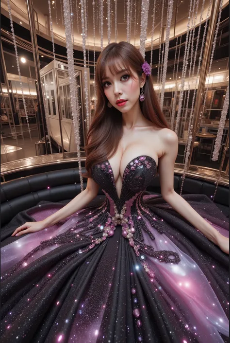 A beautiful Asian idol girl with white skin, douyin-style makeup face, eyelashes, With fake giant breasts, blue eyes, wearing a tight strapless dress that presses the breasts, with a sexy and slim body, a small waist, glass effect on the dress, sitting in ...
