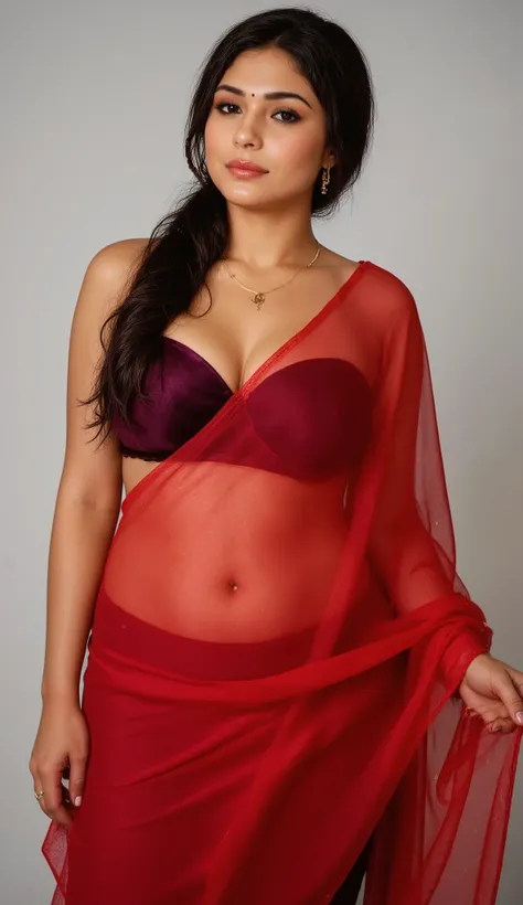 This is an ethereal high-resolution full-body portrait of a stunning Indian beauty wrapped in an ultra-thin, semi-transparent blood-red organza saree that flows like liquid fire. The delicate fabric clings to her every curve, its featherlight pallu barely ...