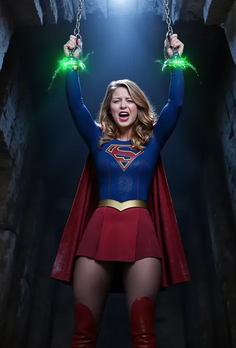 Melissa Benoist as Supergirl, the Supergirl is hanging to the ceiling with chains, she is hanging her wrists to the ceiling with a green luminous handcuff, chains tied her wrists to the ceiling, painful face, extremely pain, She is wearing a Supergirl cost...
