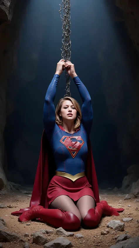 Melissa Benoist as Supergirl, the Supergirl is kneeling and her hands is hanging over her head, she is hanging her wrists to the ceiling with chain, she is unconscious, eyes close, She is wearing a Supergirl costume with red skirt, pantyhose and red knee h...