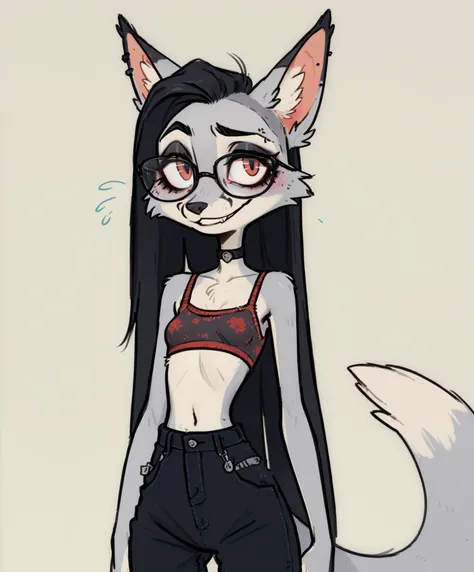 a anthropomorphic female fox with multi-tone grey fur, she is a skinny goth girl with glasses, (thin), narrow shoulders, narrow hips, shaved undercut hair, long hair, black hair, fox ears, sexy pose, nervous smile, furry animation style in comic aesthetic,...