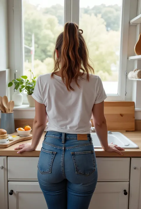 photorealistic rear portrait, mature woman with motherly presence leaning forward on kitchen counter, true back view, ultra high-waisted tight jeans, casual posture, bright kitchen setting, natural morning daylight streaming through windows