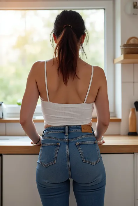 photorealistic rear portrait, mature woman with motherly presence leaning forward on kitchen counter, true back view, ultra high-waisted tight jeans, casual posture, bright kitchen setting, natural morning daylight streaming through windows