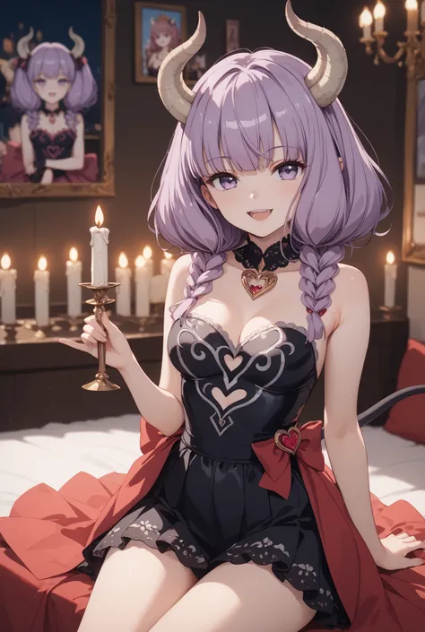 masterpiece,Super Detailed,beautiful faces,High Precision,Cute Devil Girl,(one woman between stores),sitting in the devil's dim bedroom bed,There is a devil's candlestick behind the bed and a candle is lit,An ecstatic, triumphant expression,I can see a lit...