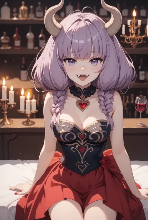 masterpiece,Super Detailed,beautiful faces,High Precision,Cute Devil Girl,(one woman between stores),sitting in the devil's dim bedroom bed,There is a devil's candlestick behind the bed and a candle is lit,An ecstatic, triumphant expression,I can see sligh...