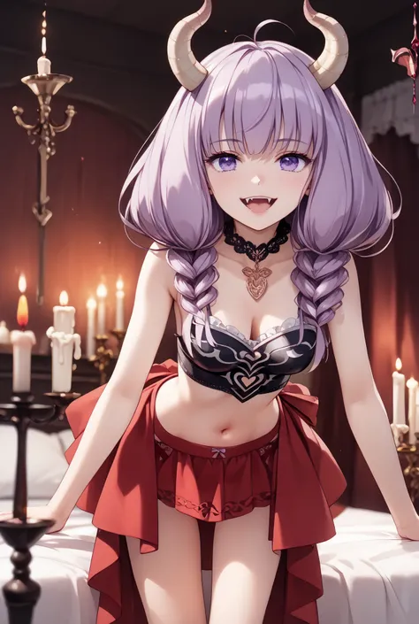 masterpiece,Super Detailed,beautiful faces,High Precision,Cute Devil Girl,(one woman between stores),An ecstatic, triumphant expression,light reddish purple hair,(thin purple eyes hanging up:1.5),Very voluminous bob hair,has 2 fangs in the mouth,(The skirt...