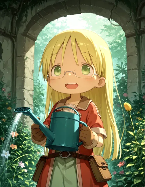 miabyss,, made in abyss,, solo, riko (made in abyss), akihito style, (best quality, detailed, masterpiece), long hair, glasses, smile, :D, teeth, bangs, gloves, standing, watering plant, taking care of flower, holding watering can, ruined temple