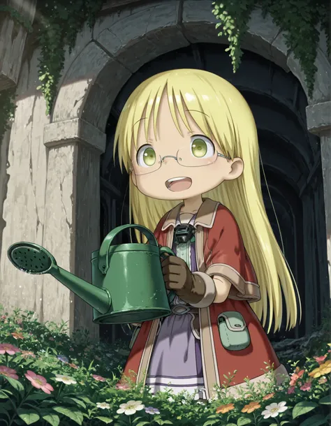 miabyss,, made in abyss,, solo, riko (made in abyss), akihito style, (best quality, detailed, masterpiece), long hair, glasses, smile, :D, teeth, bangs, gloves, standing, watering plant, taking care of flower, holding watering can, ruined temple