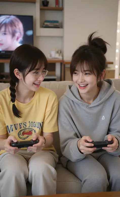 best quality, RAW photo, ultra highres, photorealistic image of two teenage girls sitting on couch playing video games, 3/4 angle view, first girl with twin braids and glasses wearing yellow graphic tee and joggers, second girl with messy bun hairstyle wea...