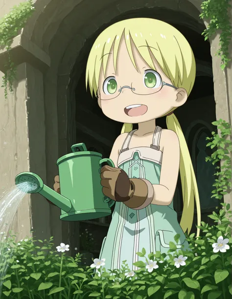 miabyss,, made in abyss,, solo, riko (made in abyss), akihito style, (best quality, detailed, masterpiece), long hair, low twintails, glasses, smile, :D, teeth, bangs, gloves, standing, watering plant, taking care of flower, holding watering can, ruined te...