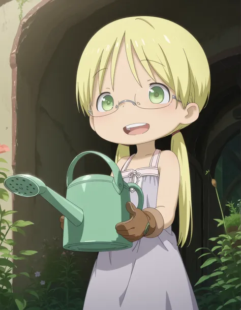 miabyss,, made in abyss,, solo, riko (made in abyss), akihito style, (best quality, detailed, masterpiece), long hair, low twintails, glasses, smile, :D, teeth, bangs, gloves, standing, watering plant, taking care of flower, holding watering can, ruined te...