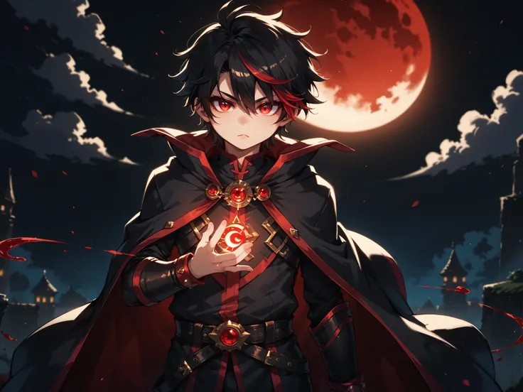 ((femboy)), short male, (((young))), ((solo)), light skin, (((black hair))), spiky hair, red highlights, red eyes. ((black warlock robes)), (cloak), blood magic, blood moon, dynamic pose, ((red runic background)), (cowboy shot), highres, 16k, Natural soft ...