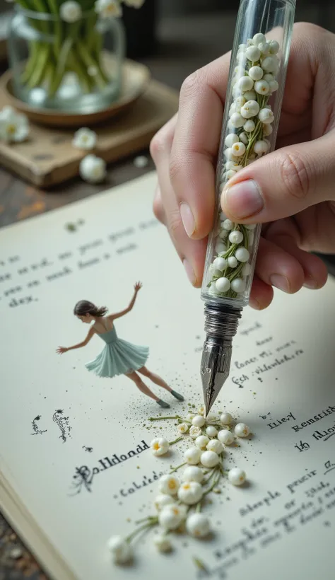 macro photography, a transparent 3d fountain pen with tiny lilies of the valley inside in a person's hand, flowing in intricate thin threads from the tip of the pen, a 3d projection of a long train of a dress, an image of a beautiful miniature romantic wom...