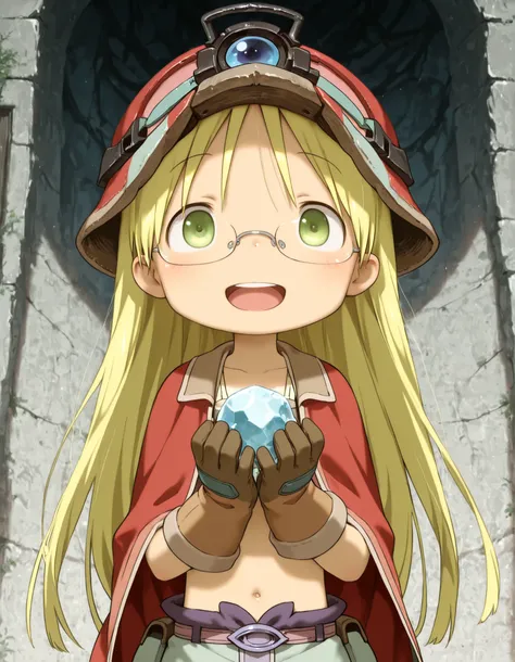 miabyss,, made in abyss,, solo, riko (made in abyss), akihito style, (best quality, detailed, masterpiece), long hair, glasses, smile, :D, teeth, bangs, gloves, ruined temple