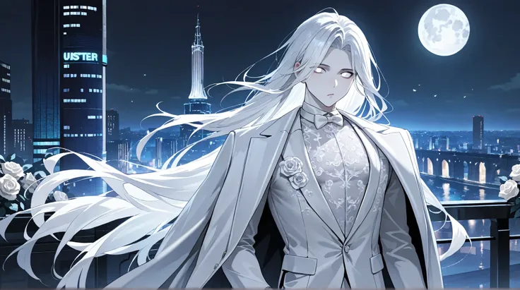 1boy, adult male,  (male focus), dramatic, (pale skin), Dapper model with extremely long white hair, white eyes(No pupil), solo, long hair, moon, night, white luxury suit, pouty lips, covered, futuristic city, detailed background, cinematic lighting, roses...