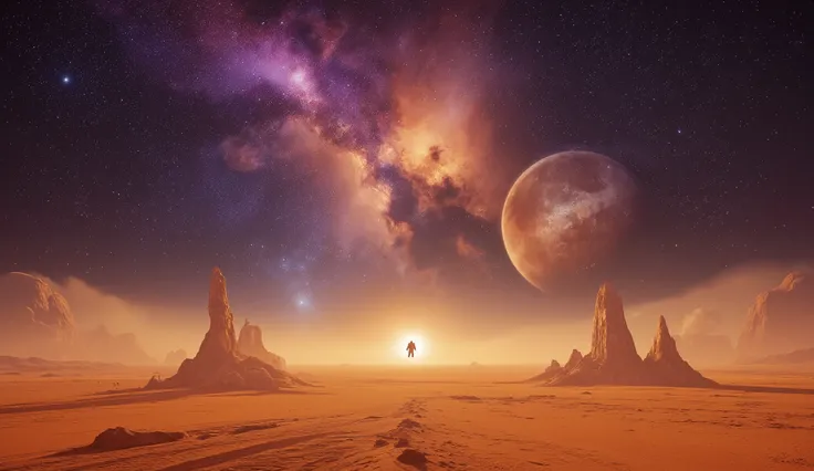 An endless alien desert on a distant planet under a vast cosmic sky with astronaut floating. The horizon glows with twin moons, while above, a nebula bursts in hues of violet, gold, and crimson. Strange crystalline formations rise from the sands like ancie...