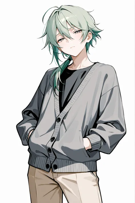 (masterpiece、Highest Quality、high resolution、white background)Cowboy Shot、solo shot、20 years old、 male、 youth、medium green hair、LOW PONYTAIL、hair over shoulder、bangs between eyes、narrowed eyes、gray eyes、black t-shirt、open gray cardigan、beige pants、hands in...