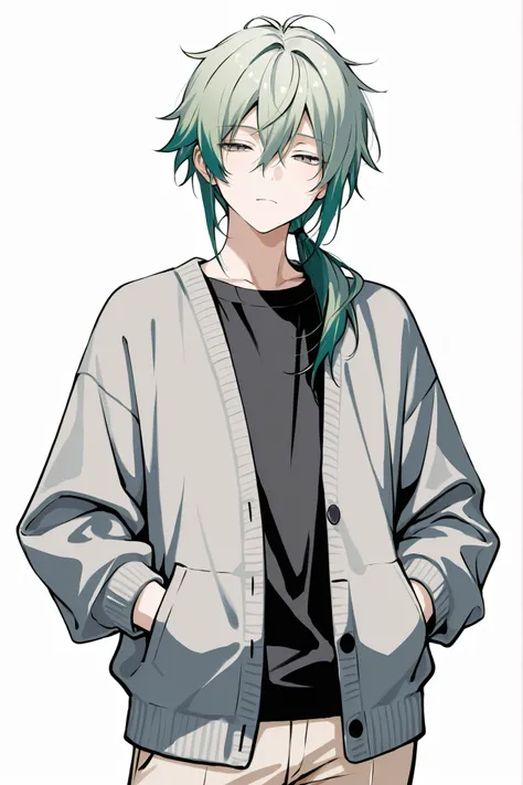 (masterpiece、Highest Quality、high resolution、white background)Cowboy Shot、solo shot、20 years old、 male、 youth、medium green hair、LOW PONYTAIL、hair over shoulder、bangs between eyes、narrowed eyes、gray eyes、black t-shirt、open gray cardigan、beige pants、hands in...