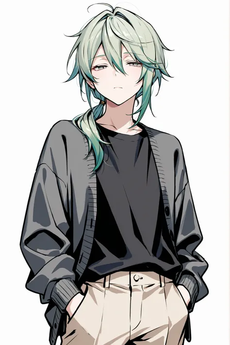 (masterpiece、Highest Quality、high resolution、white background)Cowboy Shot、solo shot、20 years old、 male、 youth、medium green hair、LOW PONYTAIL、hair over shoulder、bangs between eyes、narrowed eyes、gray eyes、black t-shirt、open gray cardigan、beige pants、hands in...