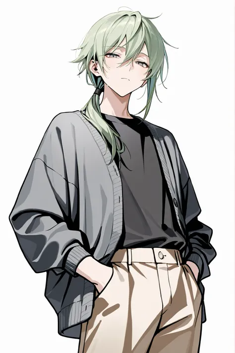 (masterpiece、Highest Quality、high resolution、white background)Cowboy Shot、solo shot、20 years old、 male、 youth、medium green hair、LOW PONYTAIL、Straight Hair、hair over shoulder、bangs between eyes、narrowed eyes、gray eyes、black t-shirt、open gray cardigan、beige ...