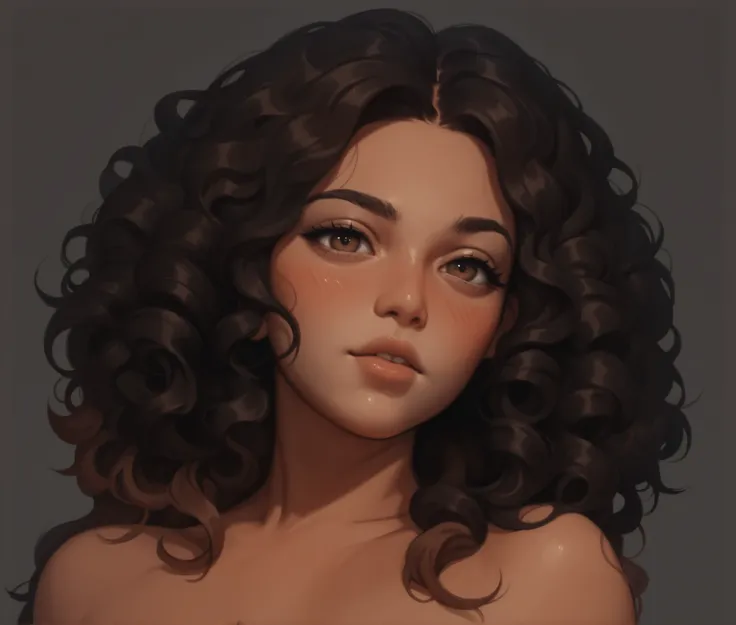  blush, ((  narrow eyes)) ((the mouth is slightly ajar in a, eyes are covered)) temptation ((look at the viewer)), ((spring hair)), ((dark brown hair)), (( black)) ((brown eyes))