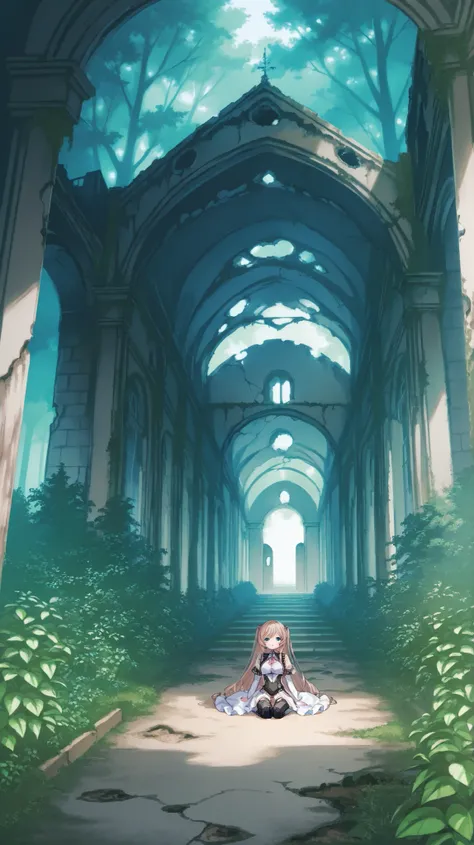 Abandoned Castle Garden、bright light、lots of plants、Vivid Flowers々,tree々に埋もれかかった少女型アンドロイド,Only nature moves is a girl-type android buried in