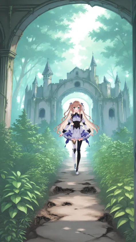 Abandoned Castle Garden、bright light、lots of plants、Vivid Flowers々,tree々に埋もれかかった少女型アンドロイド,Only nature moves is a girl-type android buried in