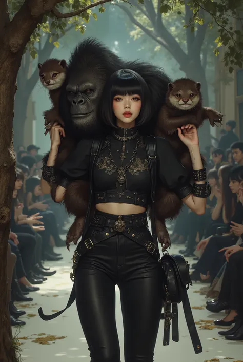 close-up、fashion model turning her arms around a tree、 runway、Look at this with an outstanding smile、Oriental beauty wearing a black t-shirt {x} short black bob with bangs、Gorilla beside her、Short-clawed otter riding on shoulders、highest quality、The backgr...