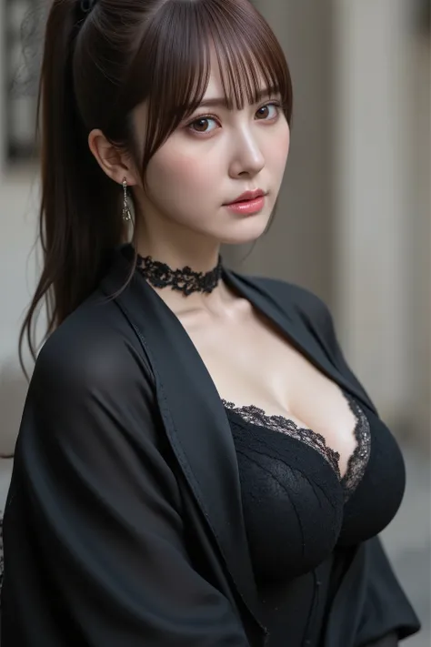 High-resolution photo of a young Japanese woman.
16K, masterpiece, high quality, ultra detailed, photorealistic, natural lighting,
1girl, beautiful hair, big cleavage, (black bra, goth fashion, choker, Robe Veil),
her eyes are seductive, loving gaze, look...