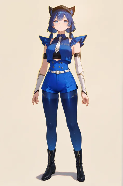 Luno, twintails, blue hair, blue eyes, wearing a black wide-brim hat with black cat ears and red tassels . She wears a black sleeveless crop top with a black-and-white striped necktie , loose red detached sleeves with puffed upper arms , high-waisted black...