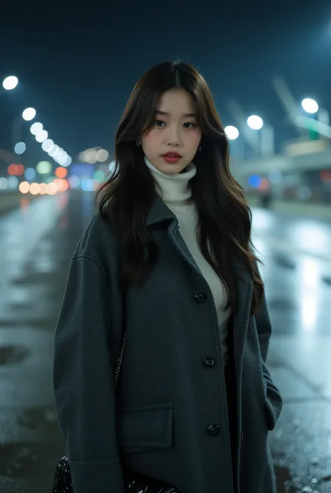 half body portrait shot of a beautiful asian female, 50mm prime lens style, shallow depth of field. Jang Wonyoung on a rain-slicked tarmac of Incheon International Airport at night. Her expression is candid and introspective, a mix of post-flight weariness...