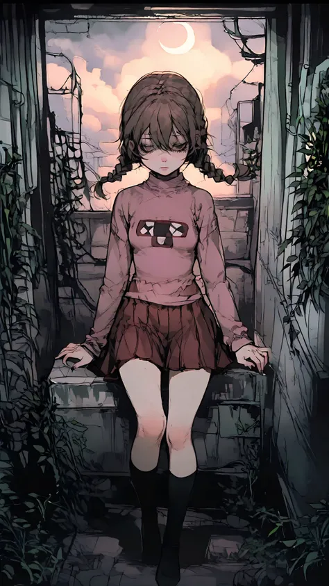 Madotsuki \(Yume Nikki\) a girl with twin braids recycled containers as planters, A young female, appearing to be between 8-12 years old. She has a fair skin tone, with a slightly rounded face. Her dark brown hair is pulled back into two thick braids that ...