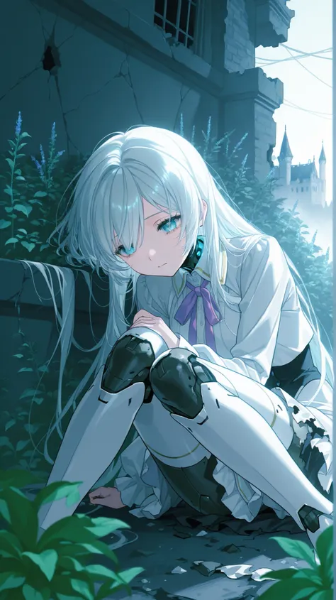 Abandoned Castle Garden、bright light、lots of plants、(Vivid Flowers々),Broken girl-like android that sits with both legs thrown straight forward,Broken girl-like android that seems to be buried in trees and flowers,close-up