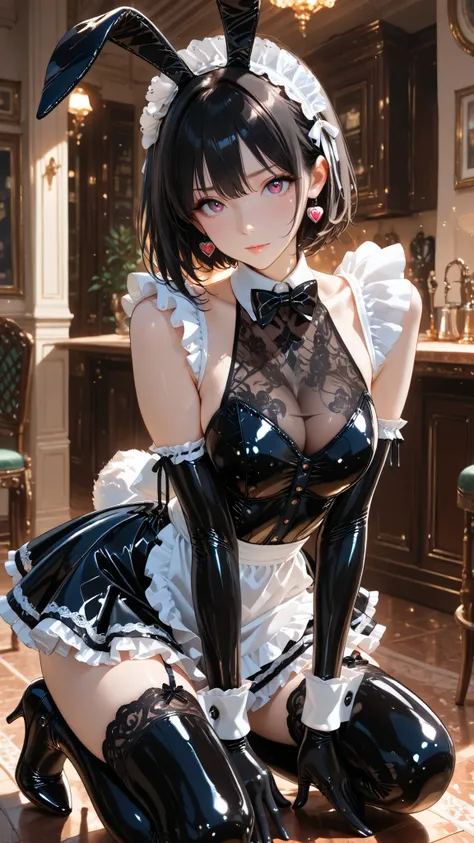 (masterpiece, best quality, ultra-detailed, 8k, anime style), glossy black latex bunny girl outfit with white frilled trim, sleeveless, sweetheart neckline, short latex skirt with white frilled apron, fluffy white bunny tail, black latex bunny ears with wh...