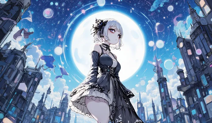 Anime gothic girl with silver hair and red eyes, standing among gravestones, black lace choker and frilled dress, moonlight shining on her, ethereal and fragile atmosphere, upper body, detailed anime illustration