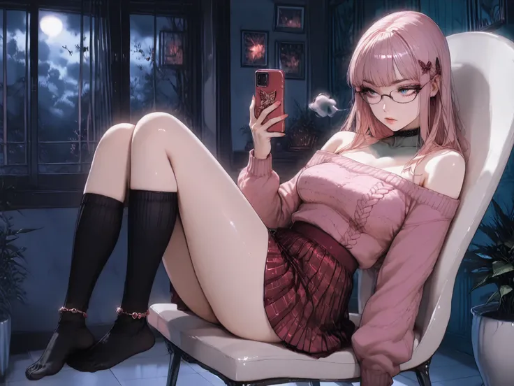  katou asuka (Watamote) a young girl with long pink hair sitting on a white chair, holding a phone and taking a selfie, wearing a black off-the-shoulder sweater and a red and black plaid skirt. the woman, who appears to be in her early twenties, A photo-re...