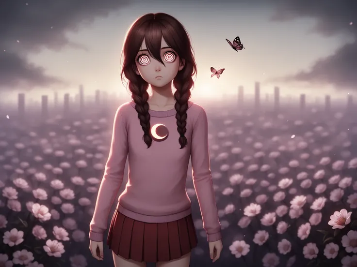  Madotsuki \(Yume Nikki\) a girl with twin braids recycled containers as planters, A young female, appearing to be between 8-12 years old. She has a fair skin tone, with a slightly rounded face. Her dark brown hair is pulled back into two thick braids that...