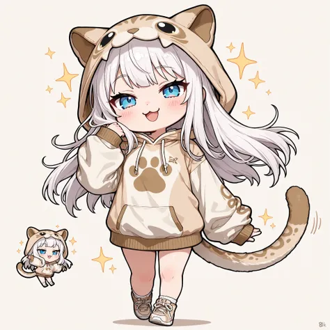 ((Masterpiece)),((best quality)),((incredibly absurdres)),((8K)),(anime style),
1 (chibi girl),(Deformed chibi:1.2),(anime chibi),(solo),white hair,long hair,straight hair,blue eyes,baby face,cute,kawaii,puma tail,puma foot,Thighs,
(:3),smug smile,open mo...